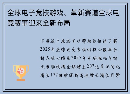 全球电子竞技游戏、革新赛道全球电竞赛事迎来全新布局